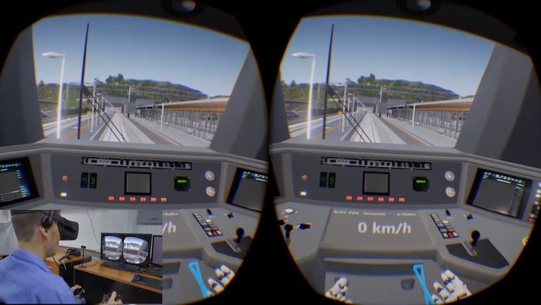 VR game engine view of train operation