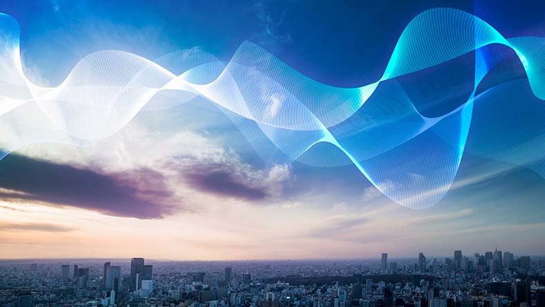 City skyline with overlay.