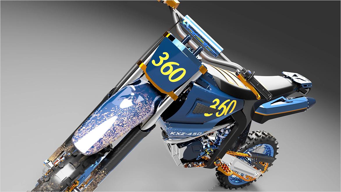 A dirt bike rendering created in Fusion 360 shows extreme detail.