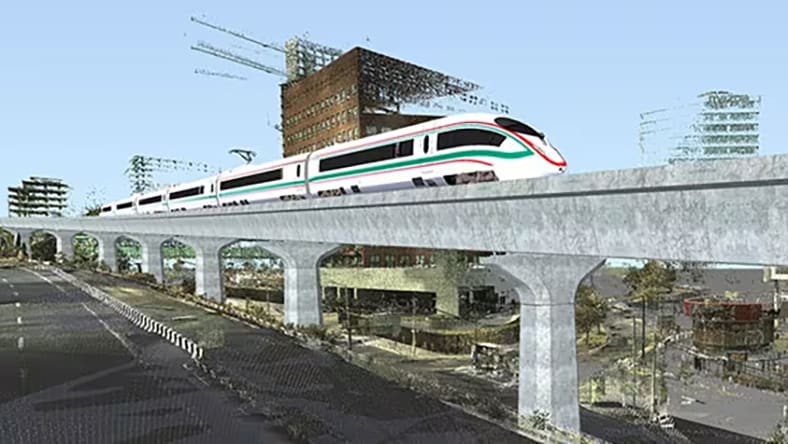 A rendering of a modern train takes shape.