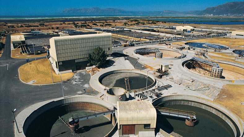Aerial view of a wastewater treatment plant in Cape Town, South Africa