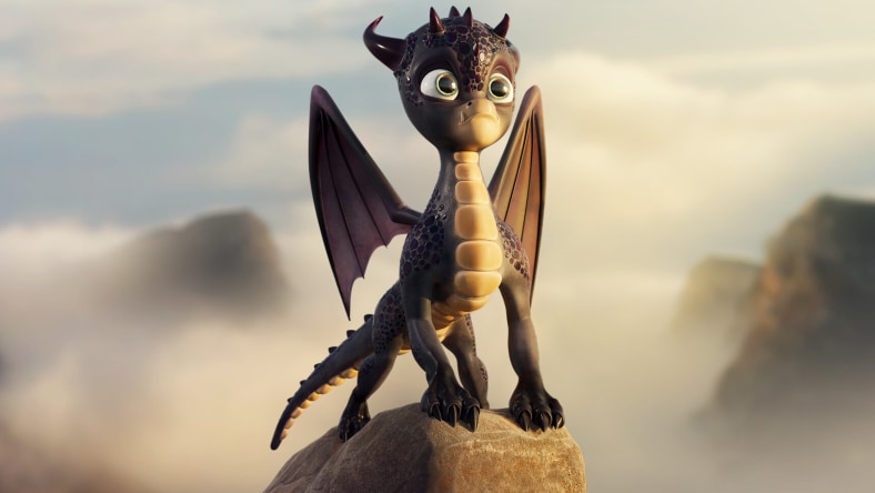 Young animated dragon standing on rock