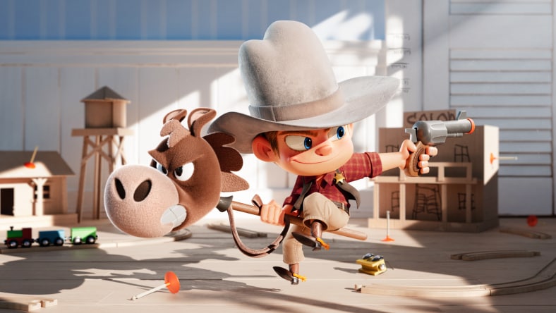 Young cartoon boy playing cowboy
