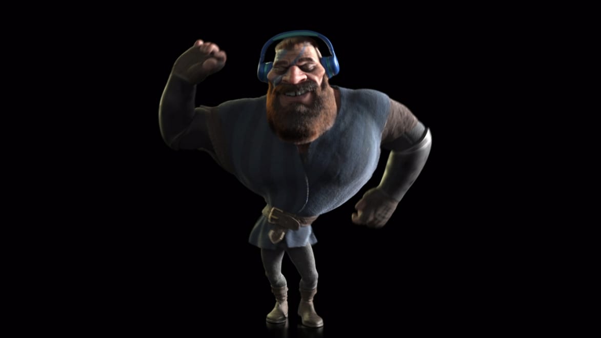 Viking character listening to music on headphones and dancing