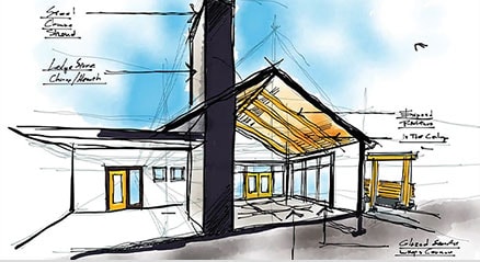 Boceto conceptual de un edificio creado en SketchBook