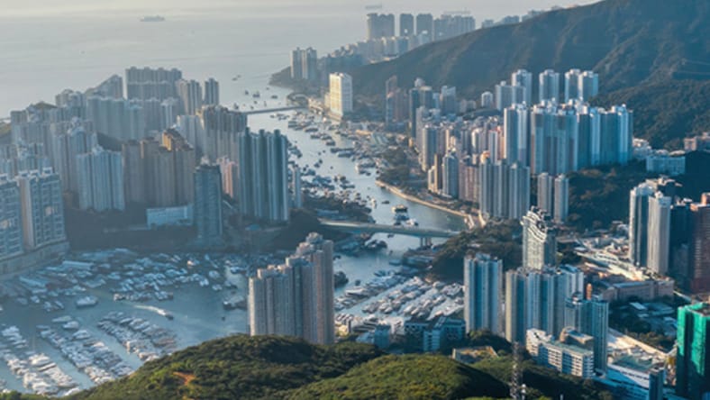Bird’s-eye view of the Bay of Hong Kong showing skyscrapers, a marina, and two bridges