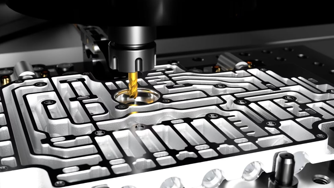 Rendering of a typical automotive component, a valve body, manufactured by our target audience using a CNC machine tool (Project Spark).