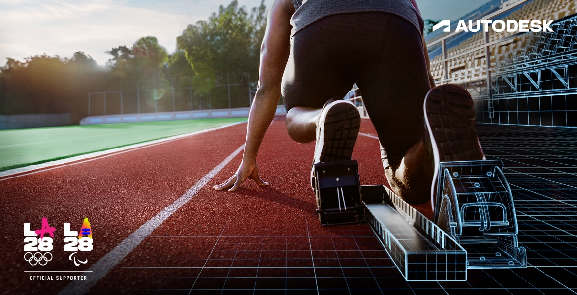 Ein Athlet in einer Startposition in der Hocke, der 3D-modellierte Startblöcke