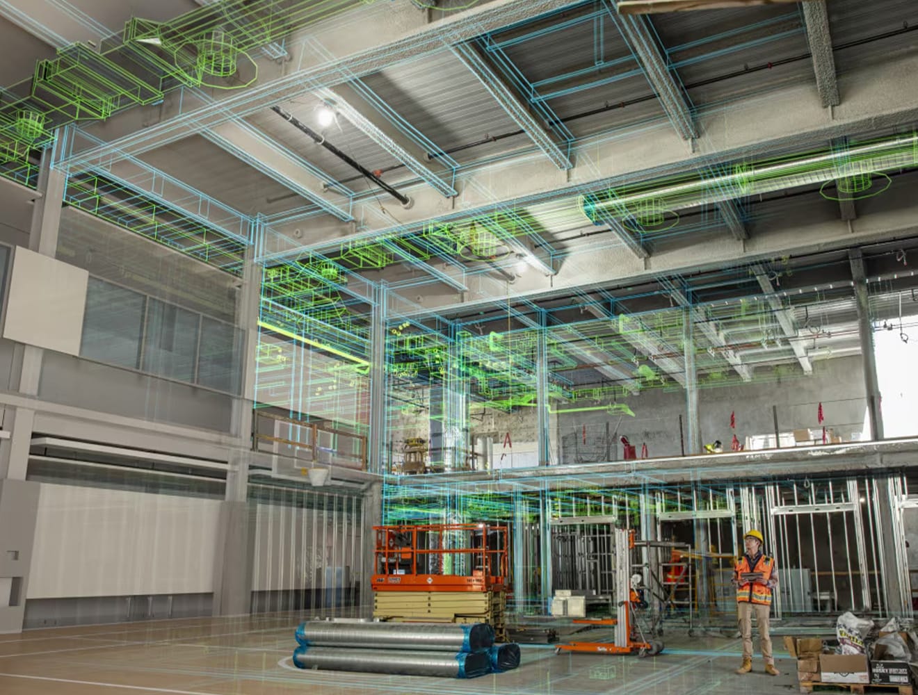 Uma vista interna de um depósito vazio com linhas detalhadas que representam a análise da estrutura interna