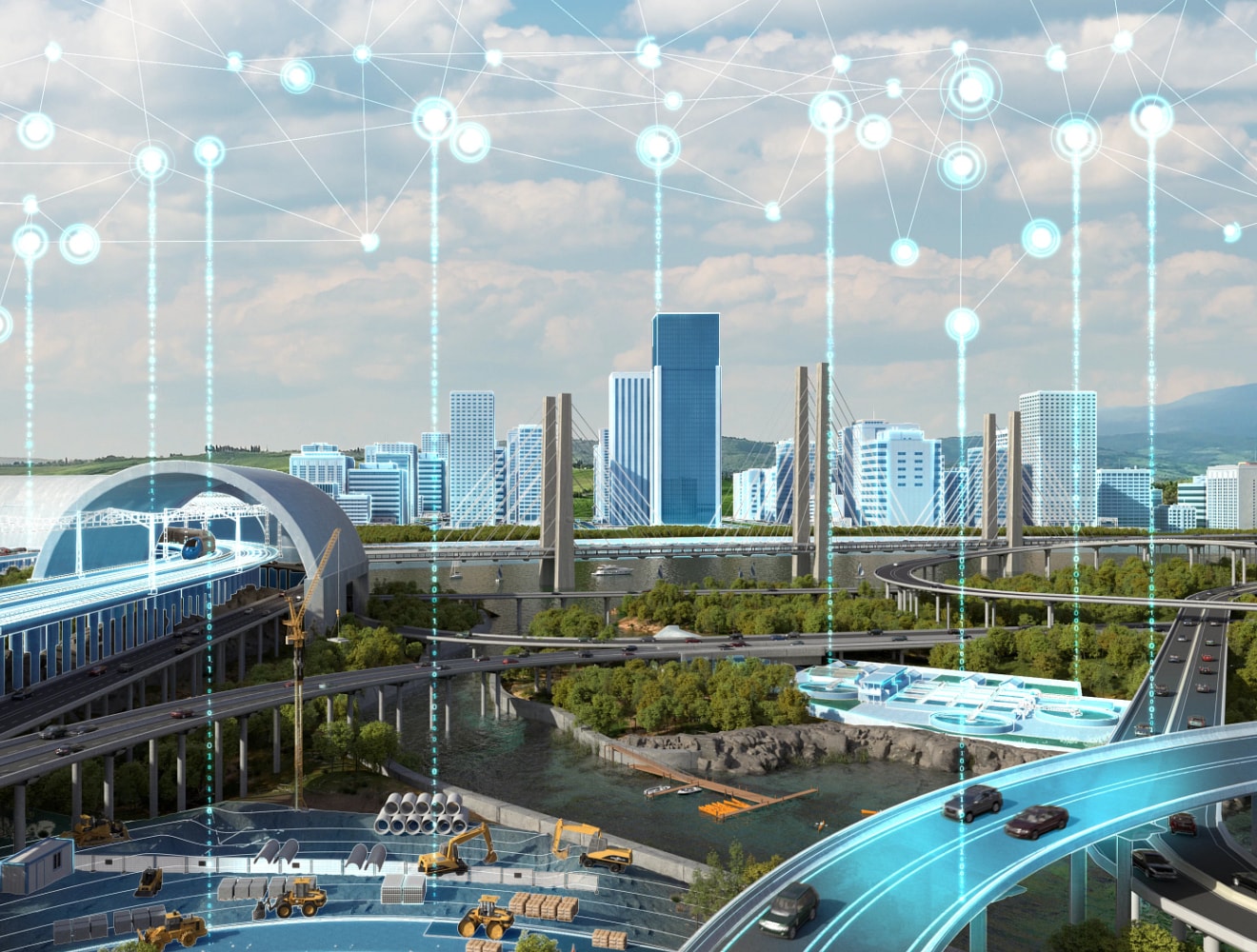 Cityscape rendering showing digital transformation and connected data