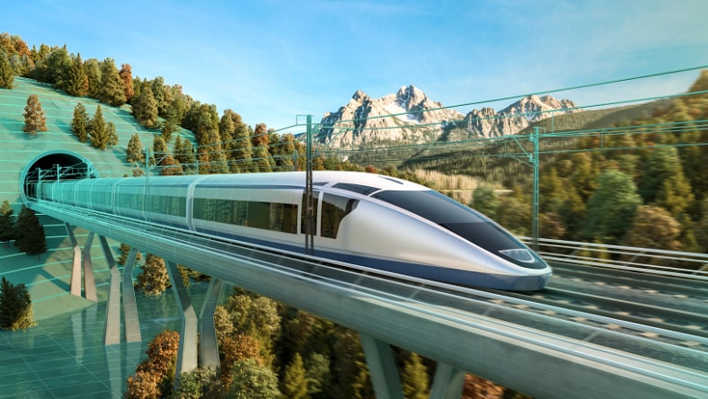 Rendering of high-speed train with bridge and tunnel