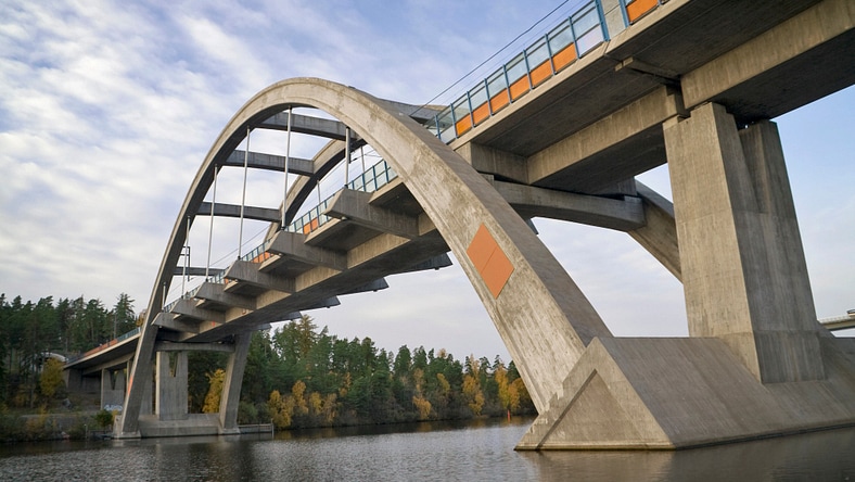 Modern railway arch bridge across water