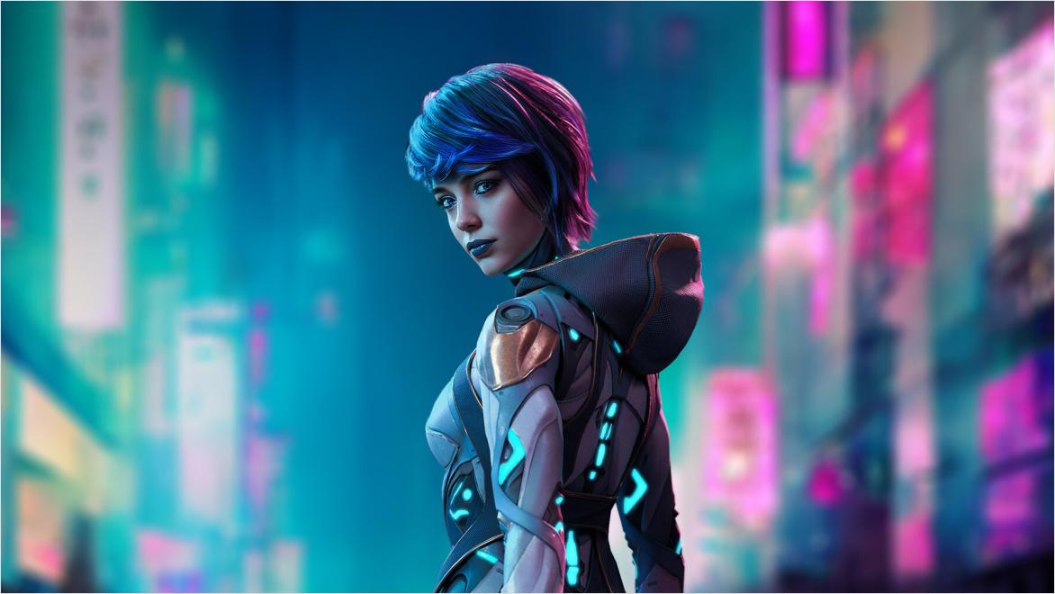 Female game character with neon lights