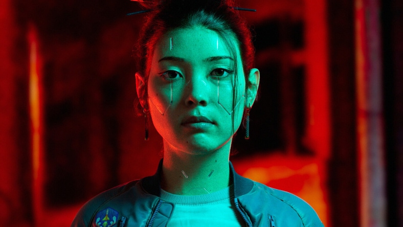 A cyberpunk woman wearing a t-shirt and a jacket