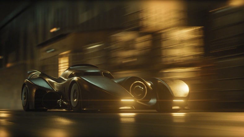 Futuristic black car blazing through the cit at night