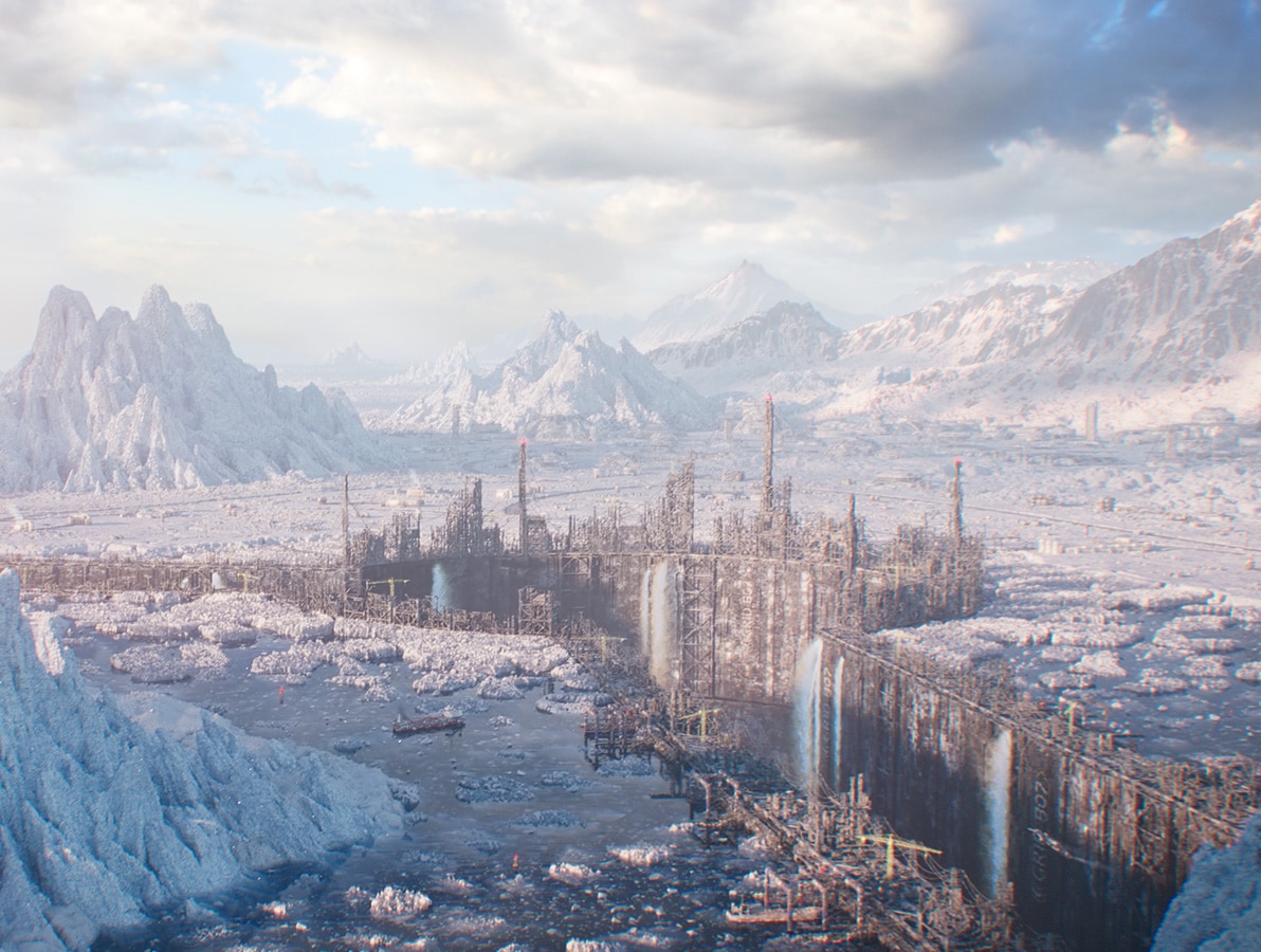 winter mountains with metal construction in the middle