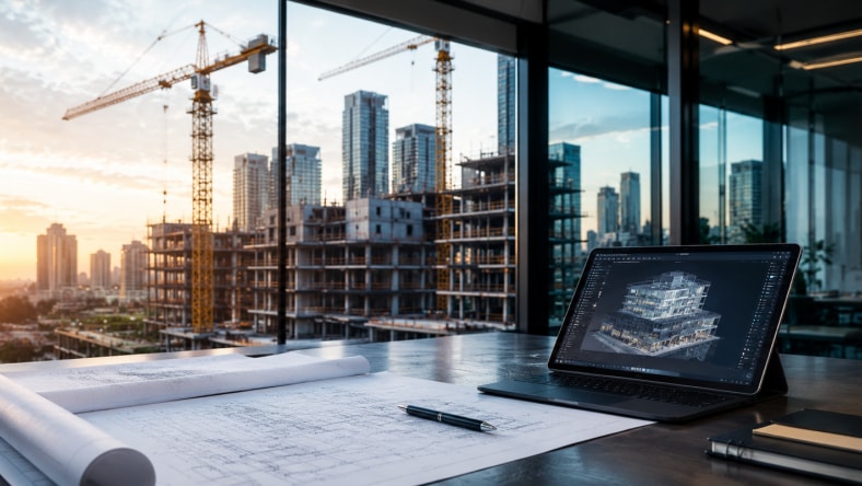 Architectural plans on a desk with a laptop displaying a 3D building model, viewed through a large window with a city skyline and construction cranes in the background.