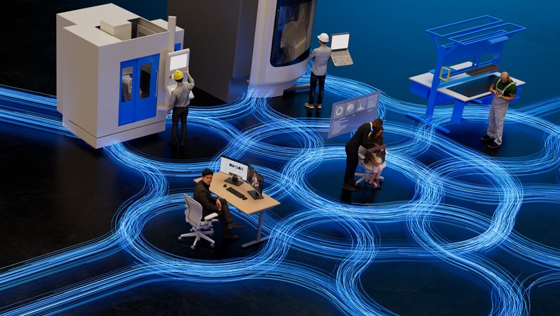 rendering of design and manufacturing process connected by data