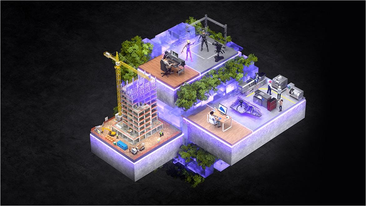 Illustration of workers in multiple offices, designing at desks, using VR headsets and operating machinery