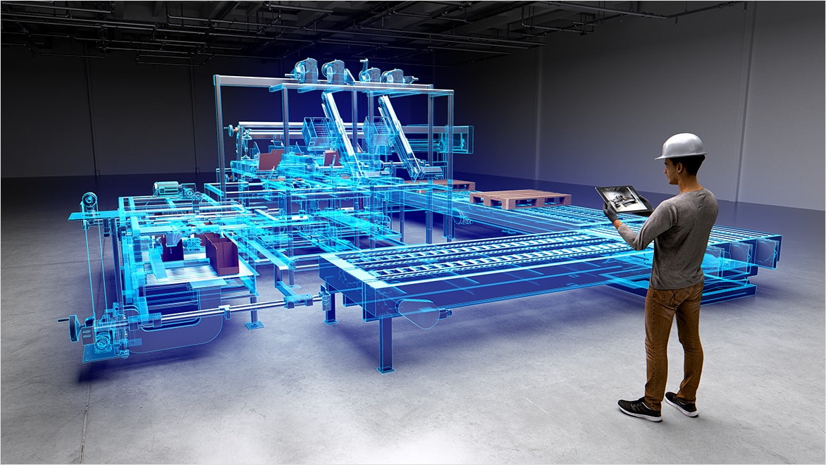 Rendering of man holding tablet in front of large piece of industrial equipment