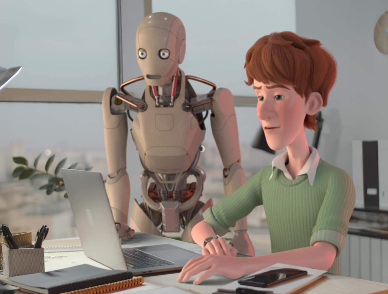 An animated scene created with AI shows a man working at a computer in an office as a robot looks over his shoulder.