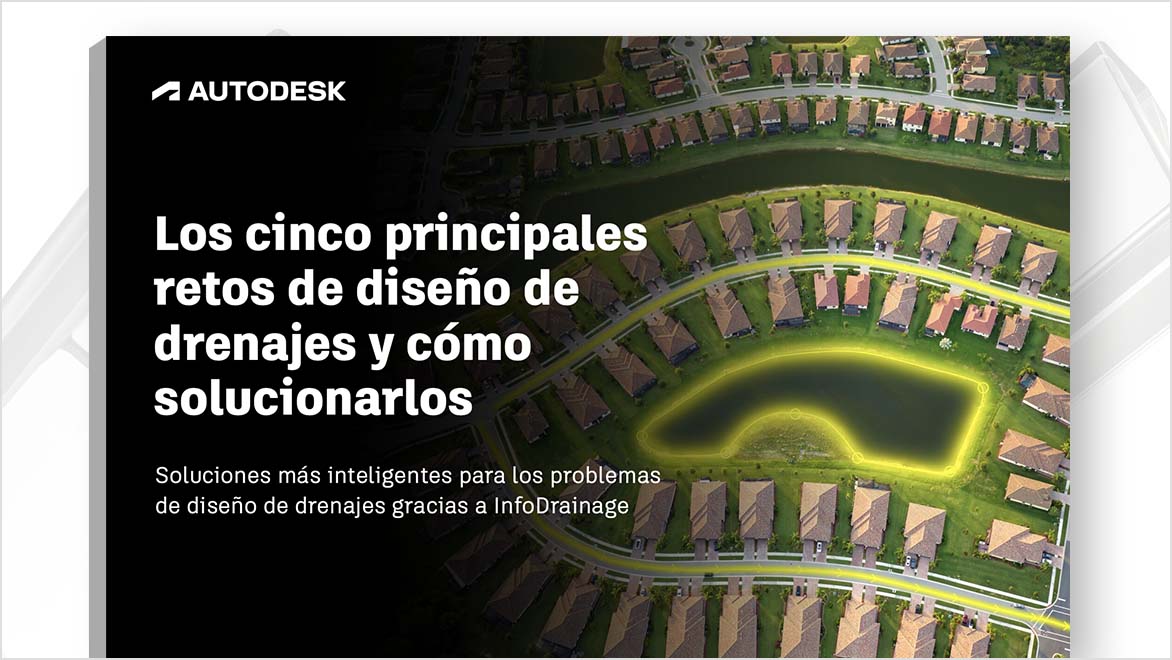 Pila de páginas de un libro electrónico titulado "InfoDrainage + Civil 3D: mejores resultados hidráulicos en el diseño civil". La página superior muestra a una persona utilizando un software de diseño en un ordenador.