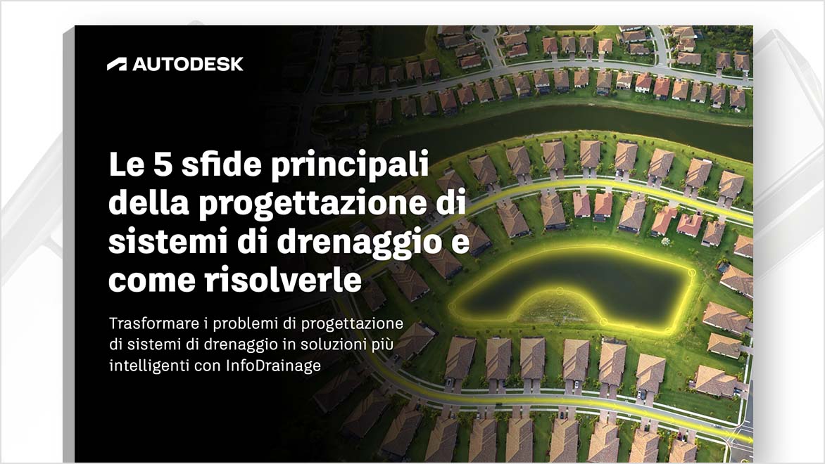 Sequenza di pagine di un e-book dal titolo "InfoDrainage + Civil 3D: Better Hydraulic Results in Civil Design". La pagina in alto mostra una persona al computer che utilizza un software di progettazione.