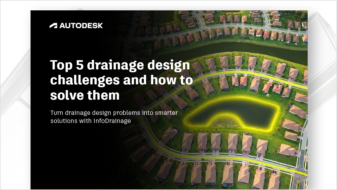 Stack of pages from an e-book titled 'InfoDrainage + Civil 3D: Better Hydraulic Results in Civil Design'. The top page shows a person using design software on a computer.