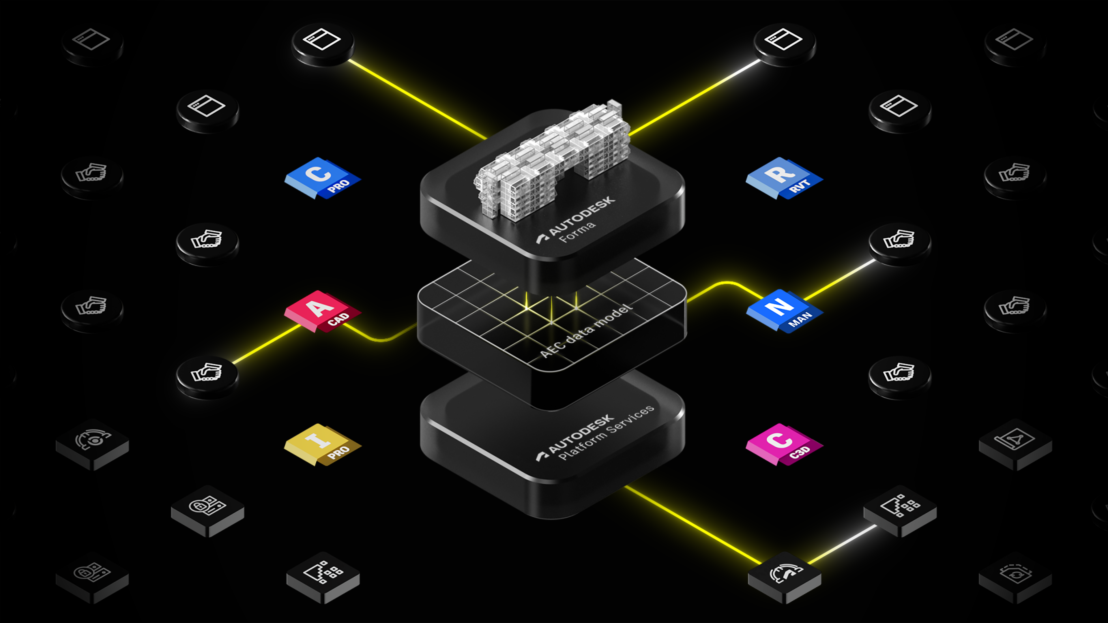 Icons and symbols representing Autodesk Forma AECO industry cloud