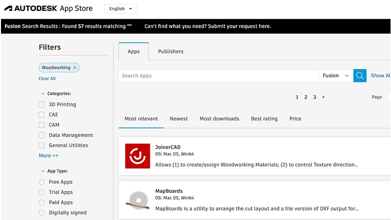 A screen capture from the Autodesk App Store shows app integrations for woodworking.