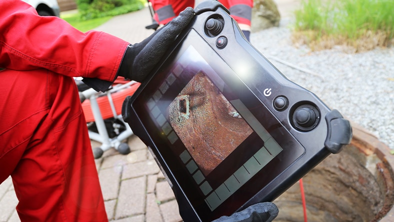 hands conducting a remote controlled CCTV pipe analysis