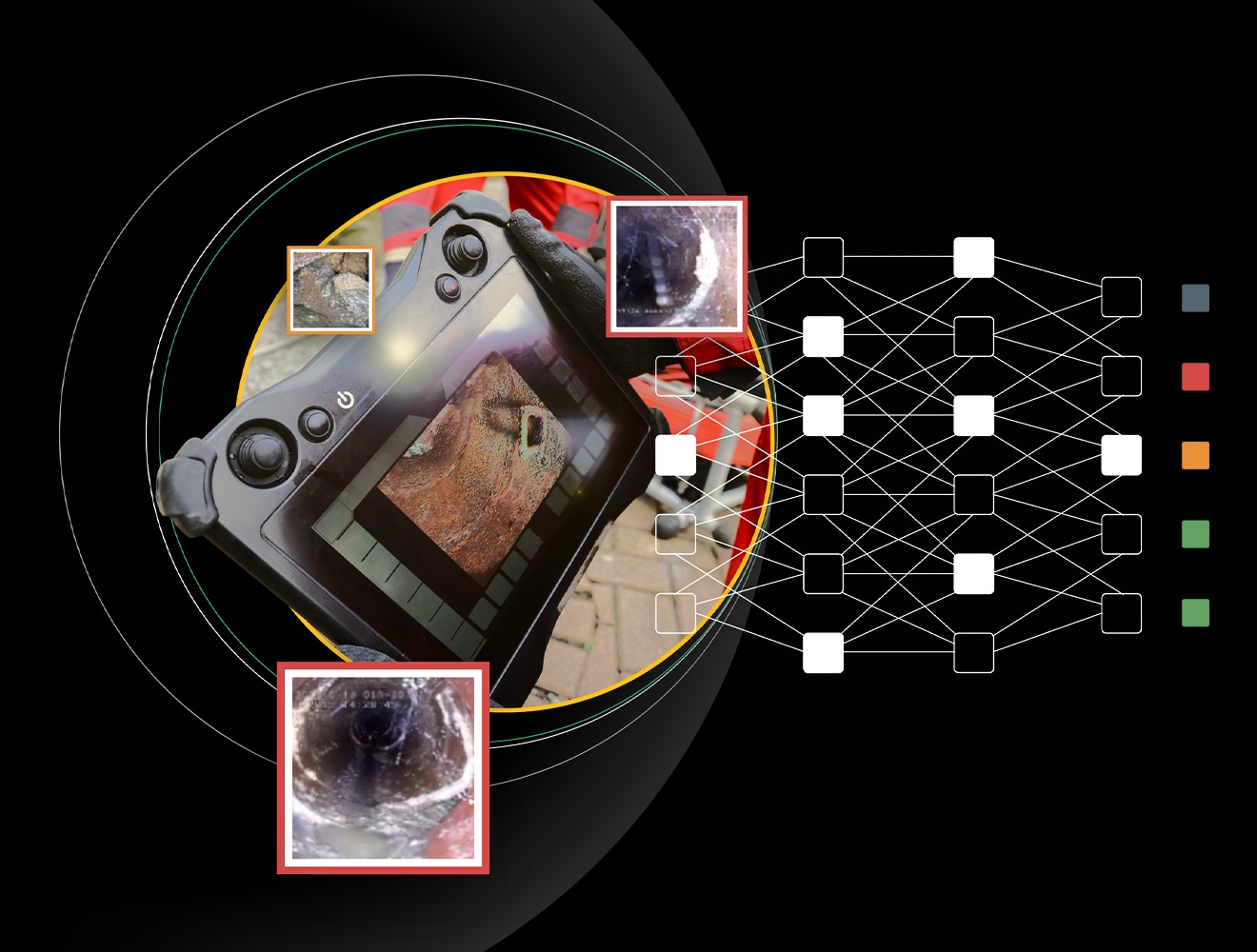 hands holding a remote CCTV viewing screen showing a sewer