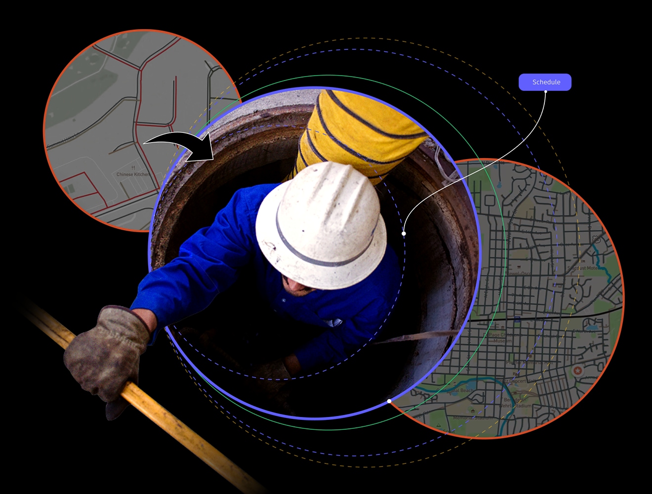 a collage of a man going down into a sewer with software screenshots overlaid