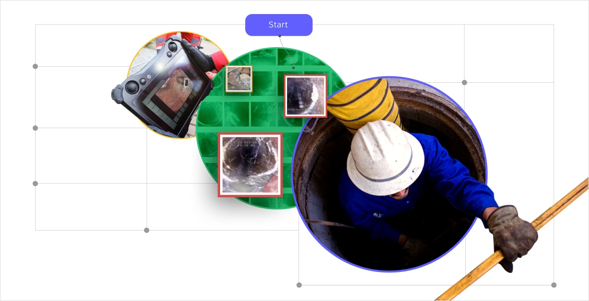 man in a hard hat looking at a pipe network on a laptop