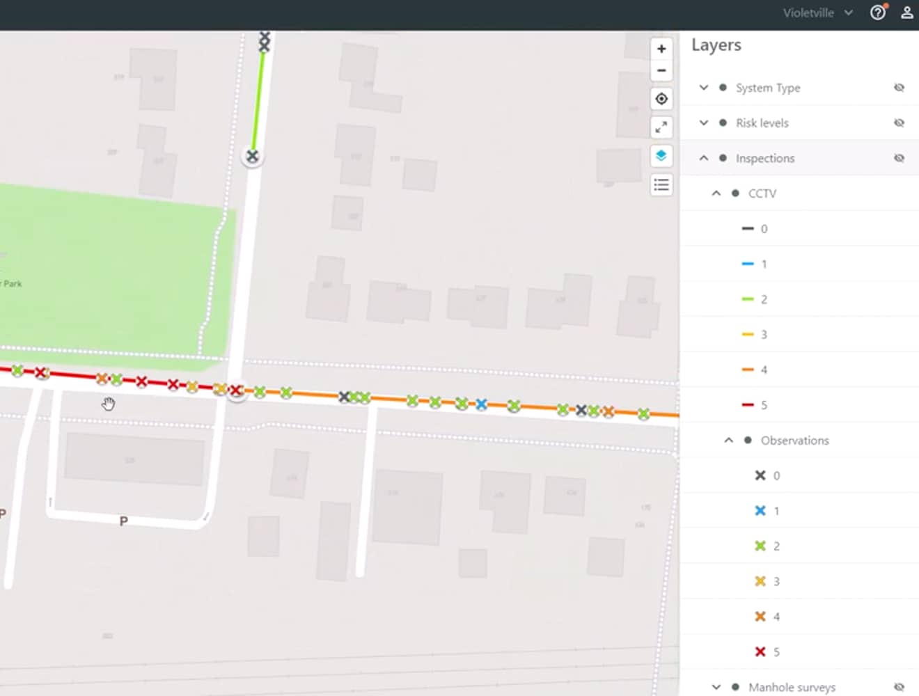 a close up of pipe information displayed in Info360 Asset. they are different colours indicating different levels of risk.