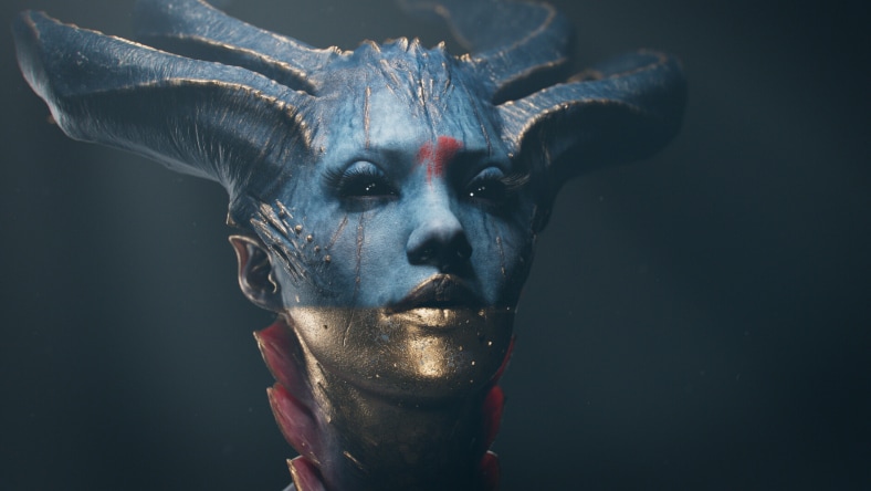 Blue 3D woman with horns on her head