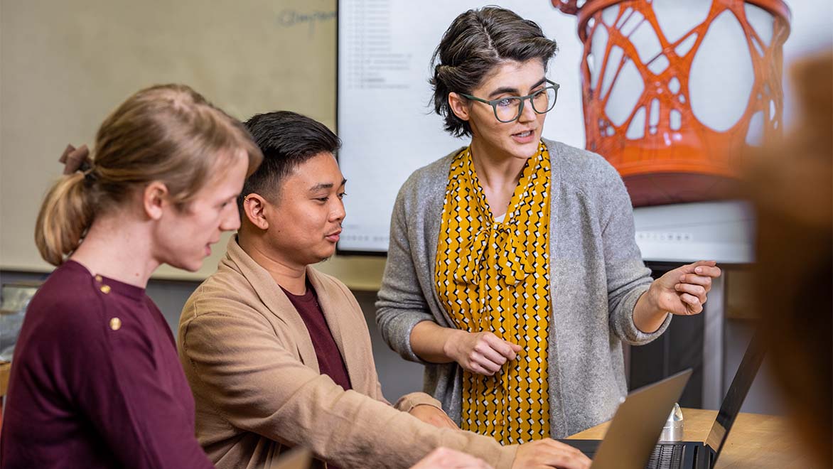 Workshop in the CNC lab at Diablo Valley College in Pleasant Hill, California. Students and teachers are working with Autodesk Fusion.