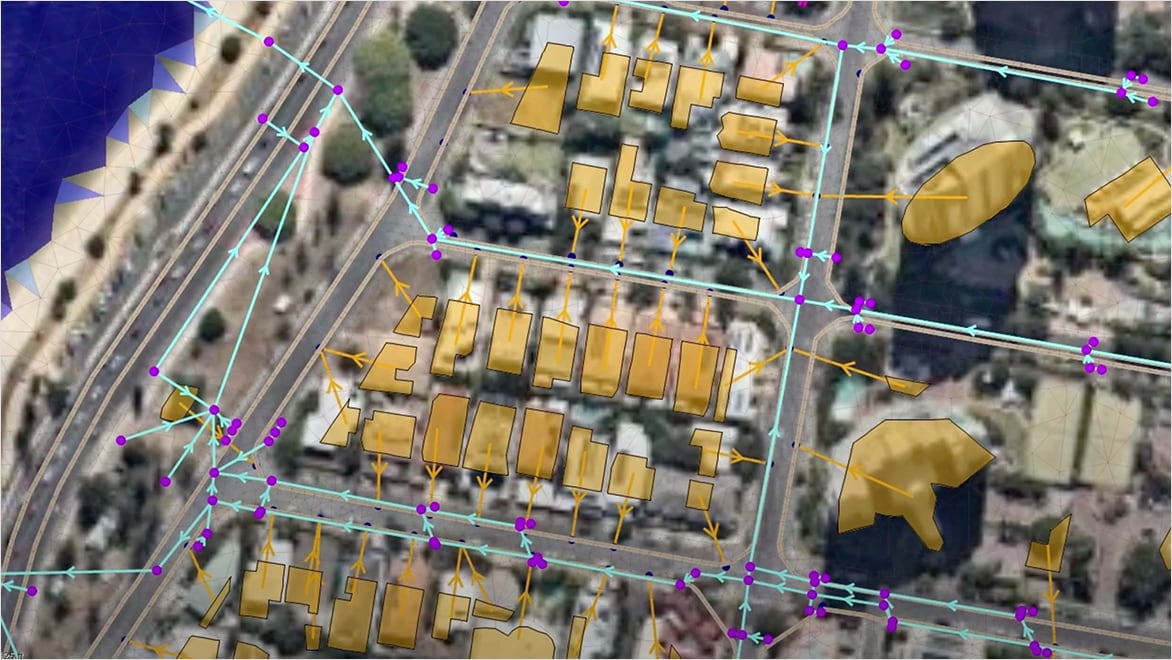 Stadtkarte mit überlagertem Kanalisationssystem in InfoWorks ICM