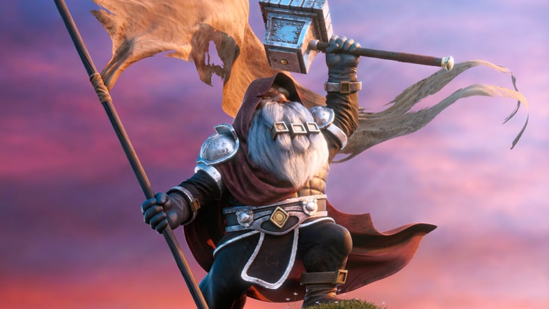 Animated character holding a flag and hammer