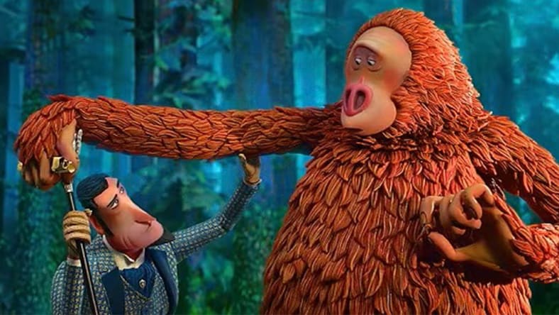 A still from the animated film Missing Link shows a man examining a sasquatch.