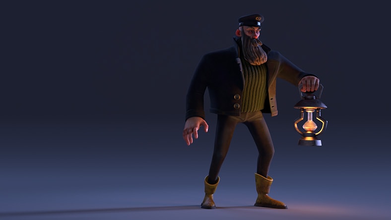 An animated man holds a kerosene lamp that casts a soft light around him.