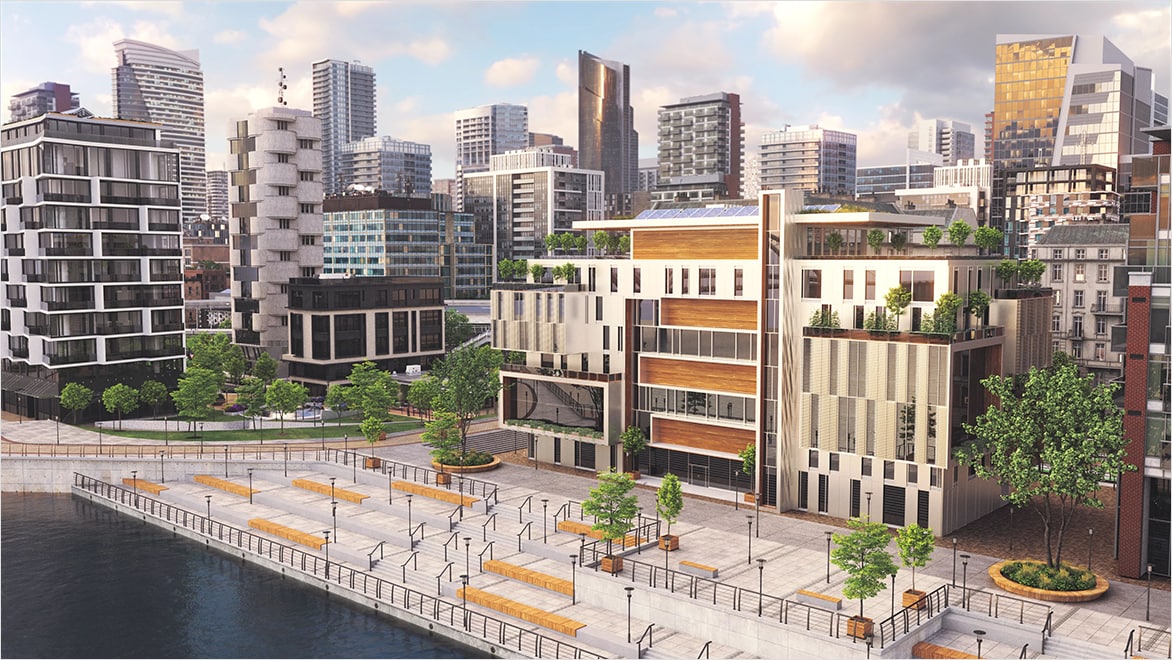 Rendering of the courtyard of a proposed building complex