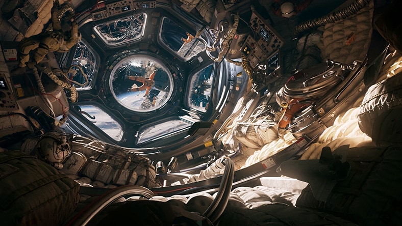 A 3D rendering shows the view from the cockpit of a spaceship.