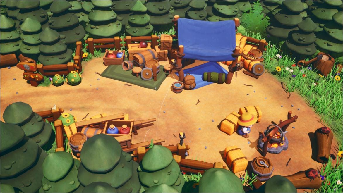 Game character in camping grounds sitting next to a fire