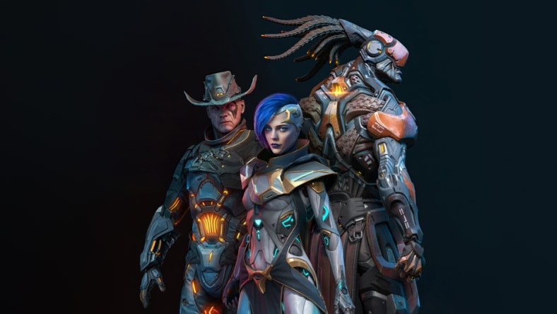 3 个游戏角色背对背站立