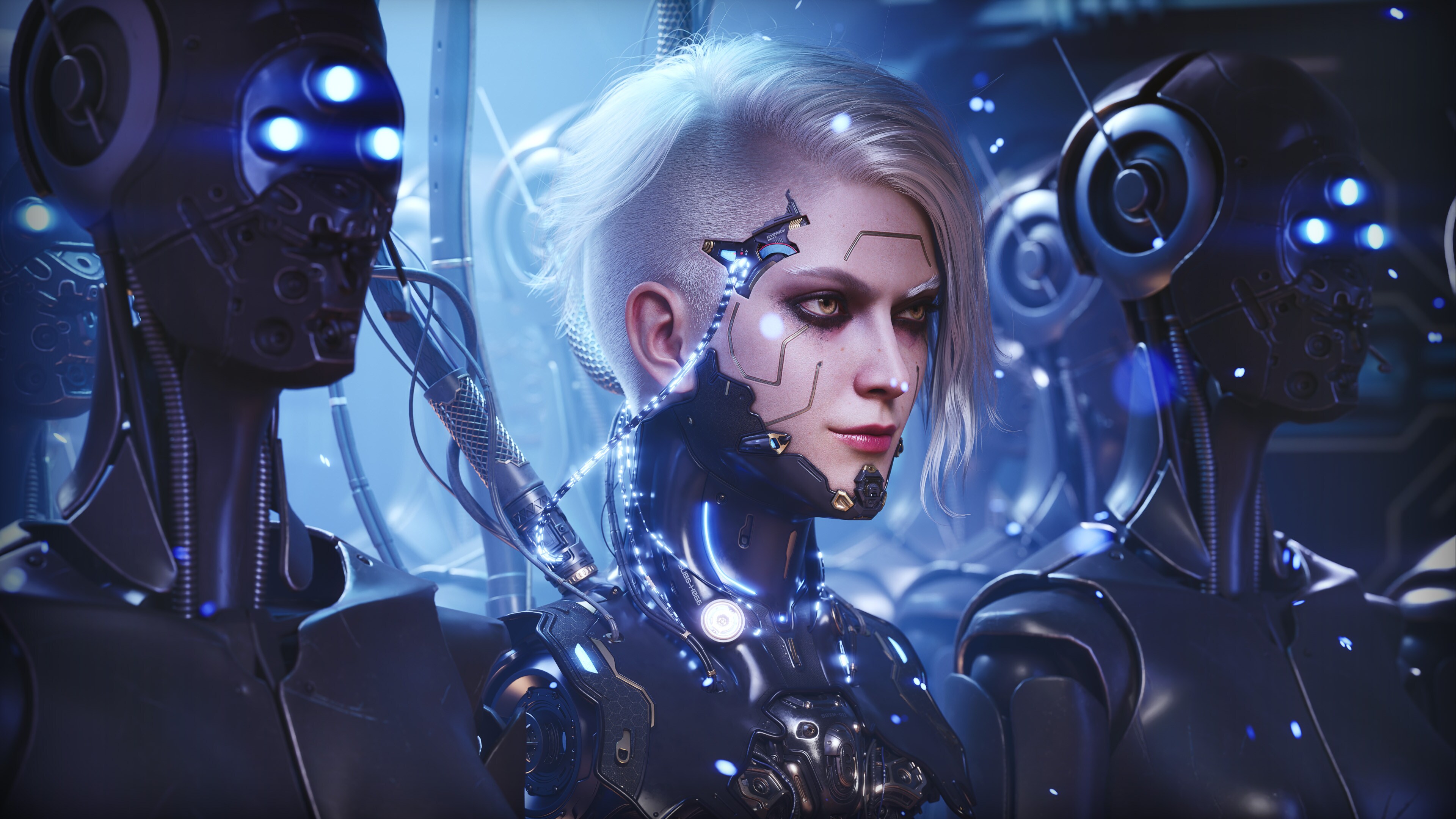 站在其他机械人旁边、有着白色头发的女性机械人