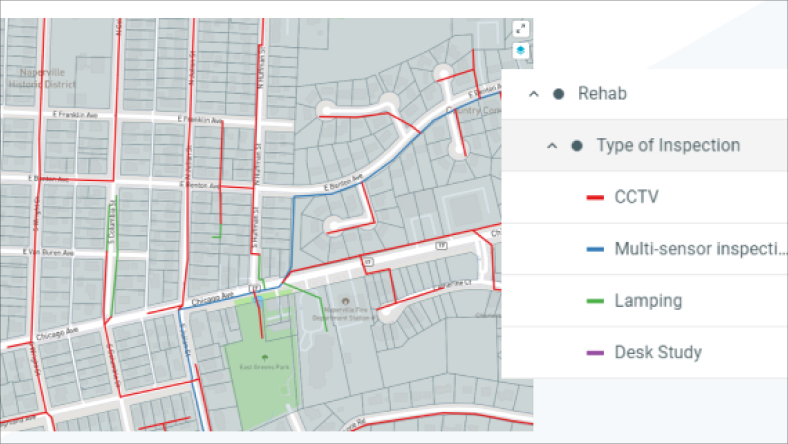 a map of a city with pipes color coded by how they have been inspected