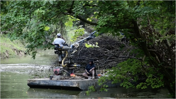 figures clear tree debris after a flood