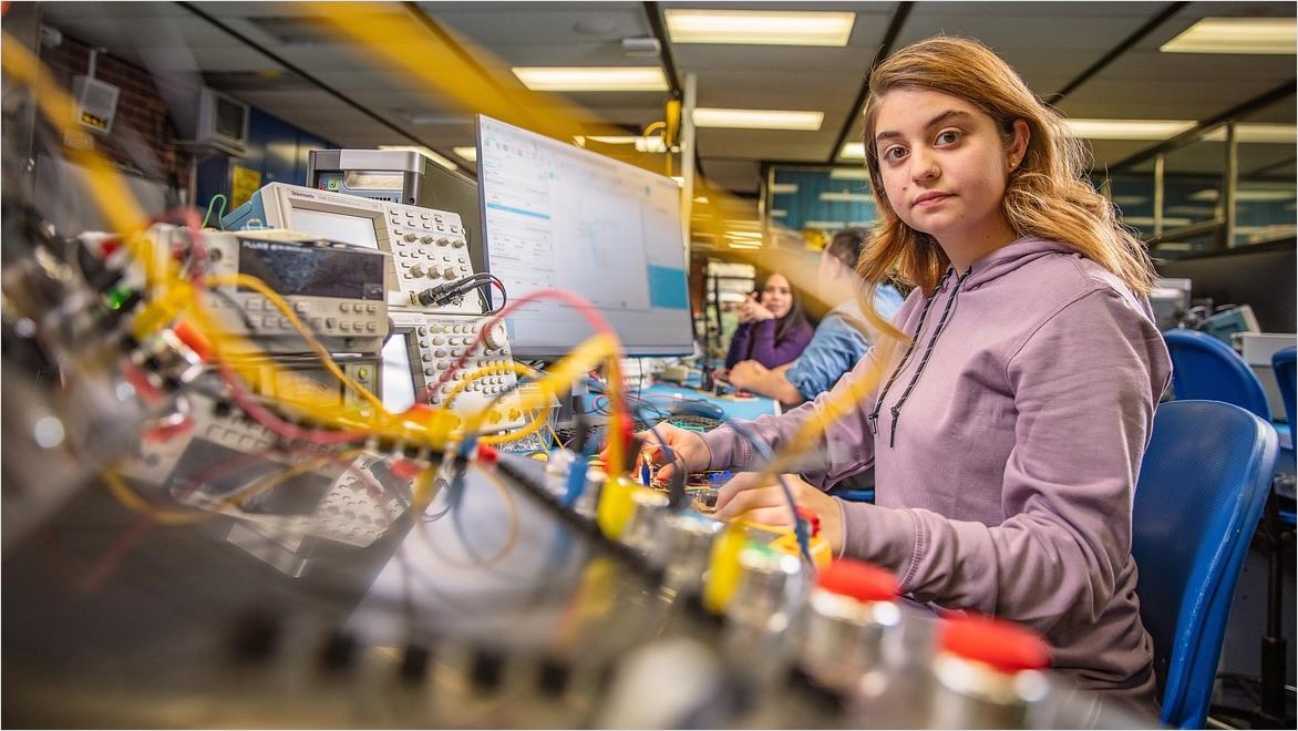 A student works in a CNC lab at Diablo Valley College in Pleasant Valley, California.