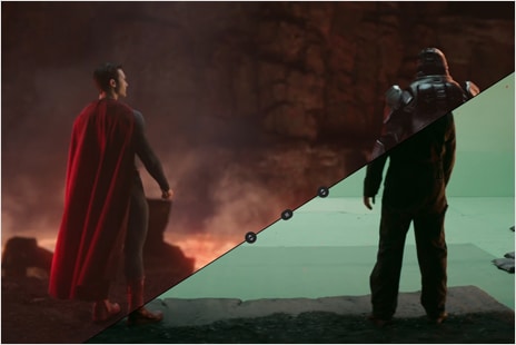 分屏显示最终视觉特效镜头和绿屏镜头